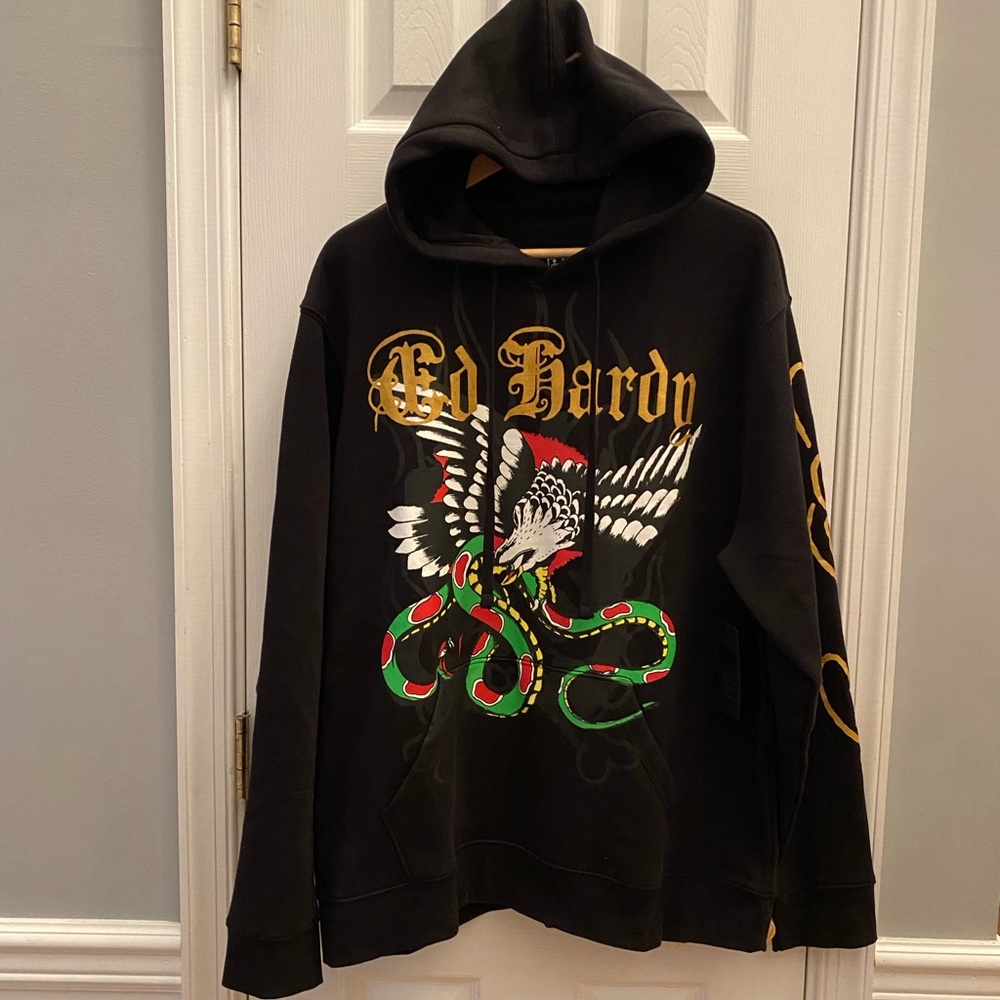 Ed Hardy Hoodie Mens Extra Large Eagle Snake Skull Flame Y2K Punk Black NWT